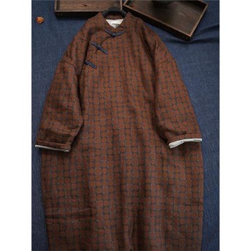 靜家.冬季新款復古仿香云紗亞麻紅中式手工盤扣立領長款寬松袍子