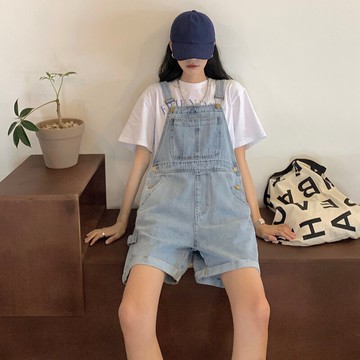 高腰闊腿短褲女夏年新款韓版修身百搭背帶褲藍色休閑牛仔褲潮