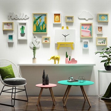 宅配 7364_藝術實木照片牆北歐組合相框繪畫板真鐘錶可換相片 簡約風實木相框  佈置房間