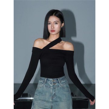 ousph 黑色一字領長袖露肩針織打底衫女2025春秋斜單肩帶小眾上衣