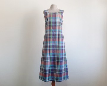 復古藍綠格紋洋裝 女款 棉質 坦克背心 無袖 方領 及膝裙 XS