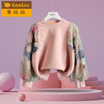 女童衛衣秋裝2025春裝新款兒童女寶網紗泡泡袖長袖女大童上衣秋季