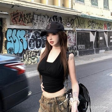 【帶胸墊】水鑽鏈條露背辣妹綁帶性感美背吊帶背心修身黑色上衣