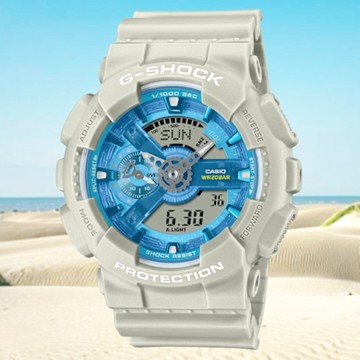 CASIO 卡西歐 G-SHOCK 綠洲 湛藍海水 沙漠米白 大錶殼雙顯錶 GA-110AS-5A