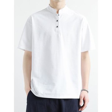 自帶輕奢感！立領純白t恤男夏季POLO衫短袖白色休閑男裝夏裝體恤