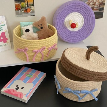 新品上市可愛棉綫編織收納筐家居帶蓋儲物雜物收納籃桌麵防塵擺件抽屜收納0415 EUN7