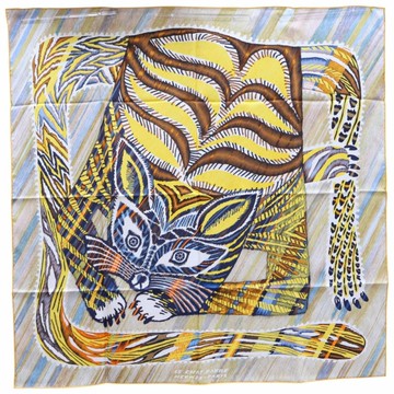 【二手名牌BRAND OFF】HERMES 愛馬仕 黃色 Le Chat Carre 絲綢 絲巾 90*90