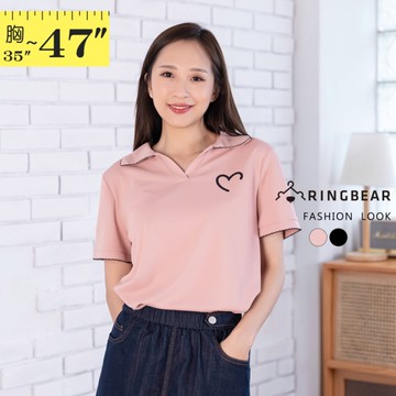 韓版--撞色花邊翻領心形印圖休閒短袖POLO衫上衣(黑.粉L-3L)-U838眼圈熊中大尺碼