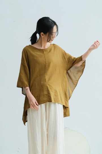 OMAKE 小翅膀五分袖上衣 / 嫘縈 土黃