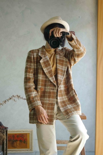 尋寶古著-復古芥黃色系格紋花呢毛料雙排釦西裝外套