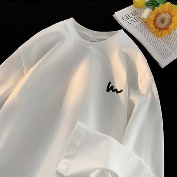 純棉長袖t恤男春秋季新款寬松圓領上衣青少年男裝休閑套頭打底衫