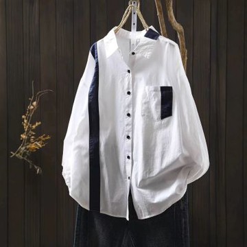 設計所在 棉麻隨性風 條紋拼接棉長袖襯衫