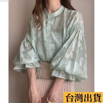 🌈台倉出庫🌈 夏季新款 花朵提花燈籠袖 透明襯衫