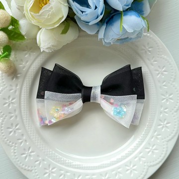 小花填充歐根紗蝴蝶結髮夾髮飾-黑白色拼接