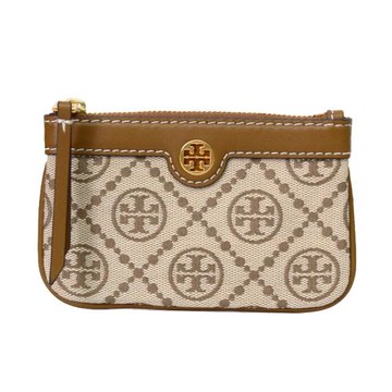 【TORY BURCH】緹花皮革零錢包-卡其色