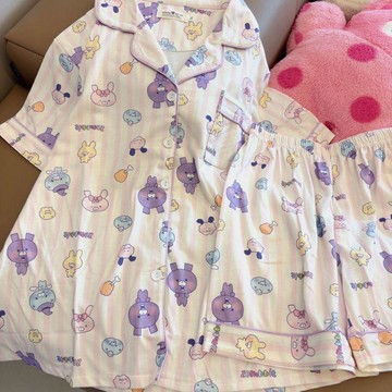 DUYI~夢詩 睡衣女卡通條紋殭屍兔夏季新款短袖短褲日系學生家居服套裝可外穿
