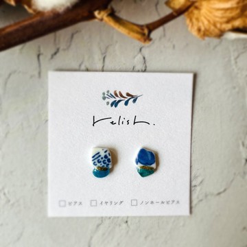 【再販】一期一會 海陶 藍錐礦 金繼 耳環 耳夾式耳環 無耳洞耳環 天然石 藍色 淺藍 白色 金色 小巧 簡約