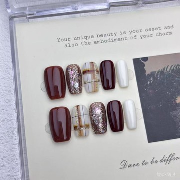 🎀可可精選🎀【銀棕格】純手工顯白美甲焦糖暈染格紋複古顯白高級感穿戴甲批髮手工穿戴甲顯白美甲片百搭美甲貼片 4ZG0