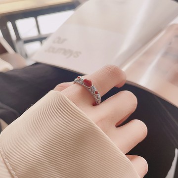 【S925純銀】復古花紋點綴南紅色瑪瑙開口戒指