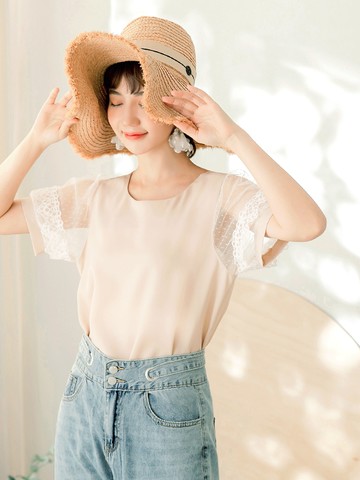 簡約知性蕾絲拼接公主短袖上衣