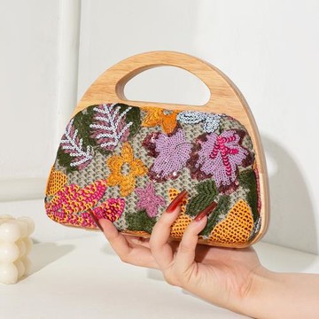 跨境新款女士晚宴包實木手提草編編織拼接網紗刺繡手工鏈條斜挎包