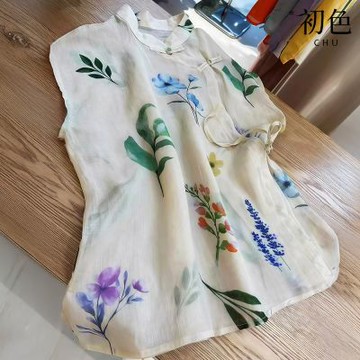 初色 新中式立領盤扣復古印花輕薄透氣短袖改良旗袍襯衫上衣女上衣-共2色-14224(M-2XL可選)