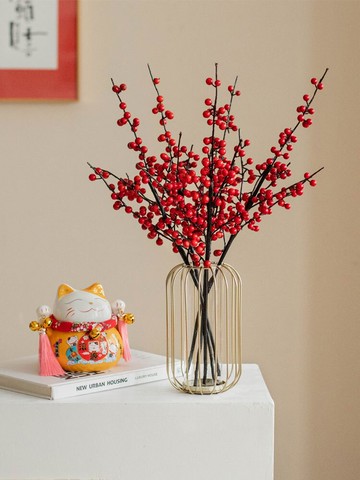 年宵花發財果紅果仿真花假花擺件花瓶客廳過年插花裝飾虎年禮物