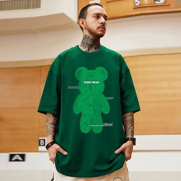 卡通小熊短袖男街頭潮流小眾百搭純棉橄欖綠重磅t恤情侶大碼半袖