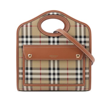 BURBERRY 格紋拼皮革手提斜背口袋包(Mini)(石楠木棕色)