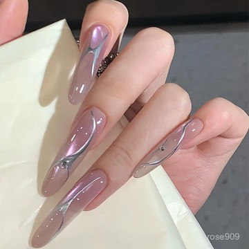 ➕最新設計款穿戴甲💅手工穿戴甲銀邊綫條高級感小衆氣質ins網紅甜酷辣妹顯白學生美甲長款穿戴甲 2J3Y