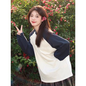 2025春秋新款女裝藍白撞色純棉圓領插肩袖長袖T恤設計感寬松上衣