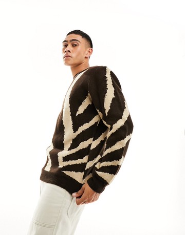ASOS DESIGN oversized knitted jumper in brown animal pattern