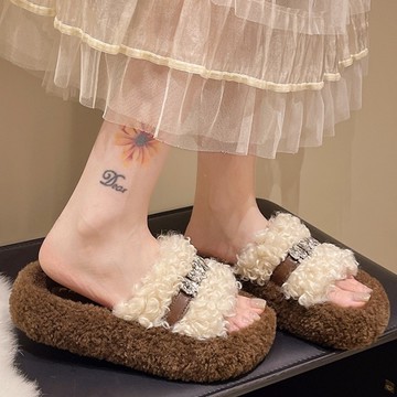 雜誌款保暖毛毛水鑽一字帶露趾平底拖鞋．白鳥麗子