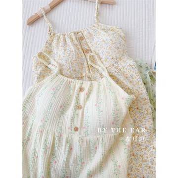 夏季睡衣女純棉雙層紗布清新小碎花吊帶薄款純欲風家居服柔軟睡裙