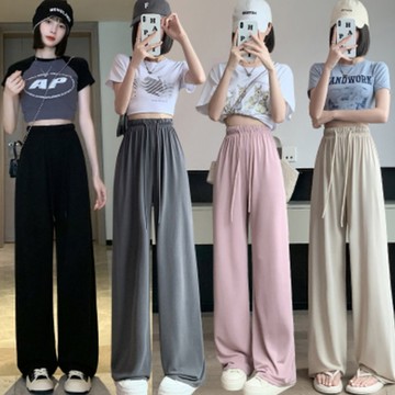 La Belleza素色鬆緊腰白色抽繩氣泡感細坑條垂墬感抗皺高腰闊腿褲寬褲