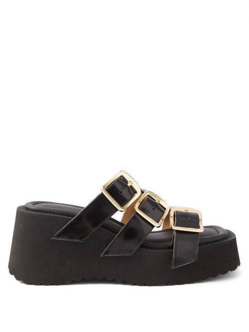 Mm6 Maison Margiela - Buckled Leather Wedge Sandals - Womens - Black