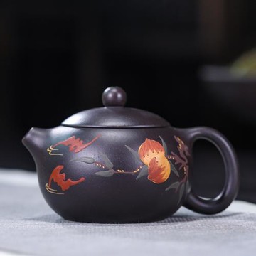 宜興紫砂壺原礦黑朱砂泥繪壽桃西施200毫升全手工茶壺家用