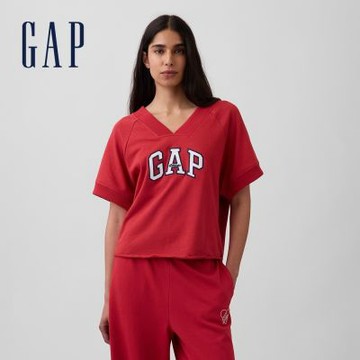 【GAP】法式毛圈布寬鬆版Gap Logo V領大學T-深紅色(897957)