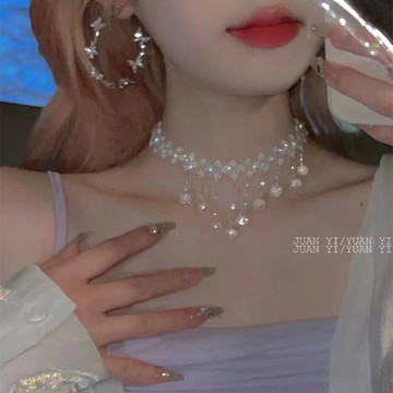 （2025新款爆品）（便宜下殺）韓系女主~日韓超閃氣質仙氣水晶項鏈流蘇吊墜小眾少女輕奢鎖骨鏈