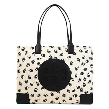 TORY BURCH 160932 滿版碎花圖樣LOGO皮邊飾大托特包.黑邊