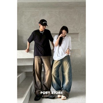 【PORY STORE】獨家！重磅❗️韓系做舊交錯反摺牛仔寬褲 落地褲 舒適 實拍 韓系 男生 寬鬆牛仔褲 牛仔寬褲