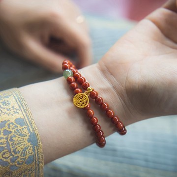 故宮紅天然滿肉南紅瑪瑙晴水和田玉14k包金手串本年轉運手鏈女