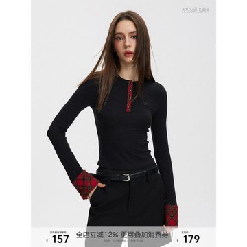 SEGI原創設計早新款格紋格子拼接針織打底衫女內外搭黑色長袖上衣