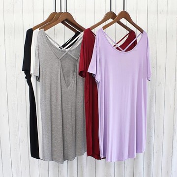 夏季 大圓領露背中長款莫代爾T恤裙女歐美寬松顯瘦大碼上衣睡裙潮