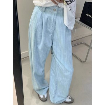 商城熱賣⭐牛仔垂感闊腿褲 加長褲型  梨形身材闊腿褲藍色條紋直筒休閒褲女秋季新款寬鬆高腰牛仔闊腿褲垂感拖地長褲潮