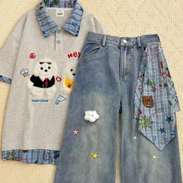 【鹽系學院風】慵懶可愛毛絨小狗 POLO領短袖 格紋方巾 牛仔褲 兩件套 短袖上衣 犬 寵物圖案 套裝