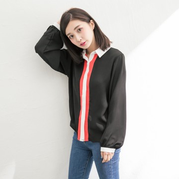 撞色翻領長袖寬條襯衫  (黑紅 白紅) [11712031]