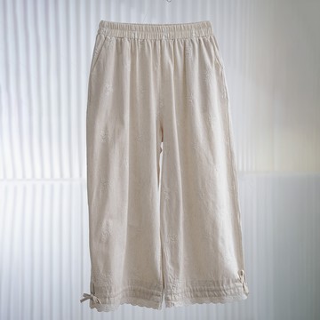 棉麻刺繡寬褲280116