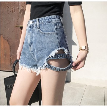 【現貨&限時免運中】牛仔褲女 短牛仔褲 短褲女 時尚破洞牛仔褲高腰顯瘦闊腿熱褲 短褲牛仔破褲