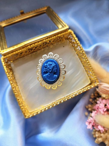 寶藍法式仕女cameo纍絲銀框復古胸針/別針/美國西洋古董飾品